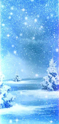This phone live wallpaper features a tranquil snowy scene with trees and snowflakes