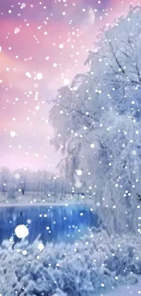 This live phone wallpaper boasts a gorgeous, romantic scene of a snow-covered tree standing beside a peaceful body of water