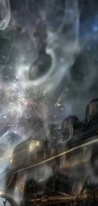 This stunning phone live wallpaper features a highly detailed painting of an immense train standing under an intricate mechanical sky full of stars