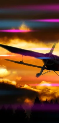 This live wallpaper features a peaceful scene of a small airplane soaring amidst clouds in a dappled golden sunset