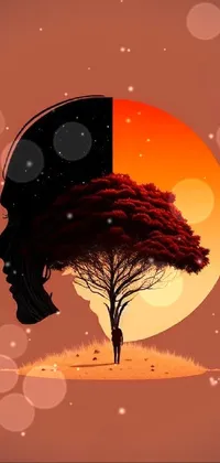 This phone live wallpaper features a stunning digital art masterpiece of a tree in the shape of a human head against an orange sunset background
