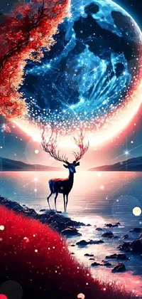 This phone live wallpaper features a stunning deer in front of a full moon, with a hybrid style that combines beeple, birth of the universe, and pixel art techniques