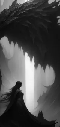 This live phone wallpaper features a black and white concept art of a woman and a dragon, hidden in the shadows of a cloak