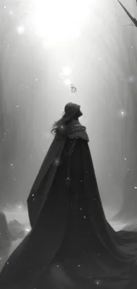This phone live wallpaper features a black and white photo of a mysterious cloaked figure against a haunting background