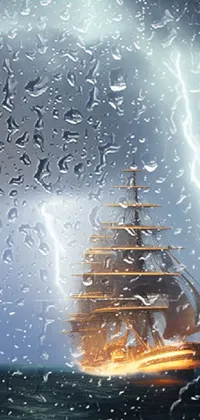 This phone live wallpaper depicts a digital rendering of a majestic pirate ship in the midst of a thunderous storm