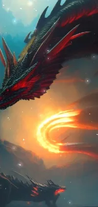This live wallpaper features a stunning dragon in flight, set against a fiery backdrop