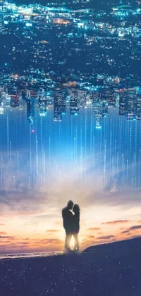 Add some magic and romance to your phone's wallpaper with this stunning digital artwork of a couple standing on a hilltop at night