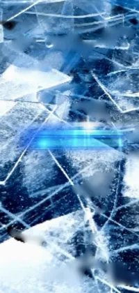 This phone live wallpaper features a group of ice cubes sitting on a frozen lake with cracked windows in the background and an abstract design in shades of blue