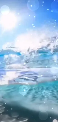 This phone live wallpaper features a beautiful digital art of a surfer riding a wave on top of a surfboard