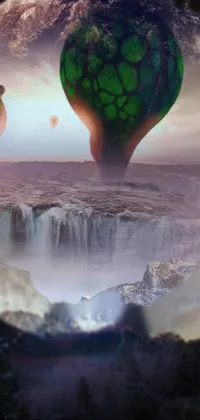 Upgrade your phone screen with this mesmerizing live wallpaper! Watch as a group of hot air balloons floats gently over a stunning waterfall surrounded by an incredible, vibrant digital art landscape