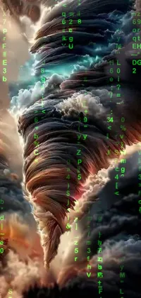 This live wallpaper features a group of people marveling at a tornado cloud, set against a background of pastel colors and fractal wave patterns