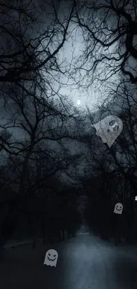 Looking for a spooky and eerie phone live wallpaper? Check out our gothic art design wallpaper featuring a dark road in a park at night, mysterious and creepy ambiance, 3D realistic bats flying around the screen, twisted and gnarled trees, eerie moonlight, intricate patterns and motifs along the edges of the screen and a dark background that creates a sense of suspense and unease