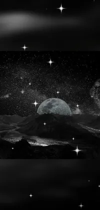 Get mesmerized by this black and white digital art live wallpaper that features a breathtaking night sky with stars