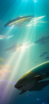 This stunning phone live wallpaper depicts a group of fish swimming in the ocean, inspired by sparth concepts and futurism