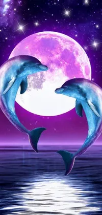 This phone live wallpaper showcases two dolphins jumping out of the water in front of a full moon in mauve and cyan