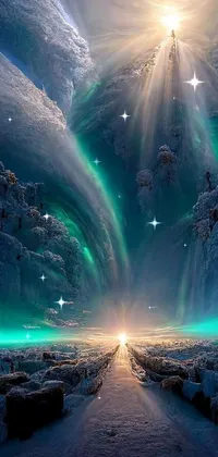 This winter live wallpaper features a marvelous fantasy artwork portraying a snow-covered landscape with a bright sun shining down from the sky