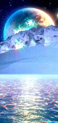 This phone live wallpaper showcases a stunning digital art image of a vast blue water body with towering mountains in the backdrop, inspired by Tumblr and space art