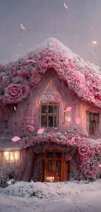 This phone live wallpaper features a beautiful house covered in pink flowers against a snowy backdrop