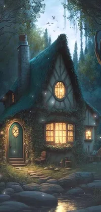 This phone wallpaper showcases an adorable digital painting of a house in the woods at night