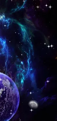 This space-themed phone live wallpaper features a planet and galaxy in stunning digital art by Denis Eden