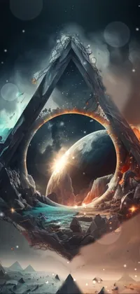 This digital phone live wallpaper features a mesmerizing, intricate composition of a pulsing triangle with a rotating planet in the center, perfect for sci-fi fans and lovers of digital art