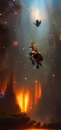 This phone live wallpaper depicts a man and horse galloping through an otherworldly landscape while a bird flies overhead and a winged cow drifts by