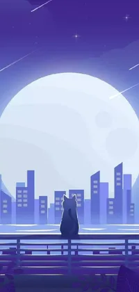 This phone live wallpaper features a stunning image of a furry couple sitting on a bench in front of a full moon