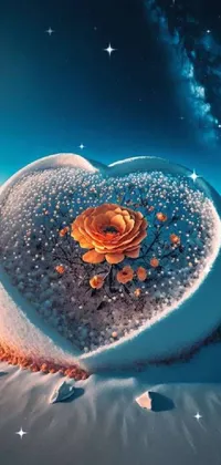 This phone live wallpaper features a heart-shaped cake resting on a sandy beach, surrounded by floating ice sunflowers, space photography, and macro photography of a giant rose - all in stunning 8k resolution