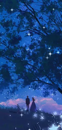 Get awe-inspiring phone wallpaper of couples standing under a tree against the serene blue starry night sky with a charming avatar image
