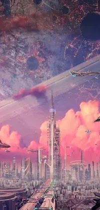 This stunning phone live wallpaper depicts a futuristic city with Afrofuturism influences, featuring soaring spaceships in the sky