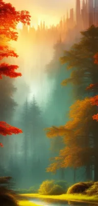 This phone live wallpaper showcases a picturesque forest scene with a river running through it in stunning detail