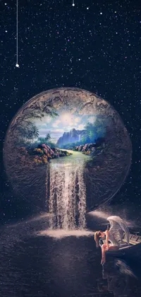 This live phone wallpaper features a serene waterfall and a man in a boat, nestled in a magical, moonlit atmosphere
