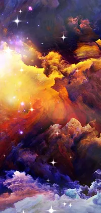 Experience the breathtaking beauty of a galactic sky filled with swirling clouds and shimmering stars, right on your phone's wallpaper! This digital artwork features stunning shades of yellow and violet, with an explosion of a nebula bringing the image to life