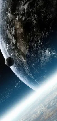 This live phone wallpaper features a view of Earth from a space station, with the moon crashing into it and two planets colliding