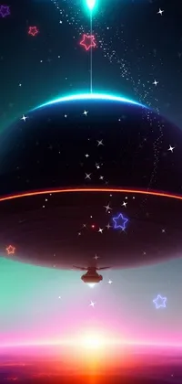 This live wallpaper for phones depicts a 3D-rendered spaceship flying over Earth, with blue and red lights creating a beautiful contrast in a dreamy, blurred illustration