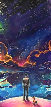 This phone live wallpaper showcases a magnificent digital art of a man and a dog standing on top of a hill, set against a colorful space art background filled with galaxies and multiverse dimensions