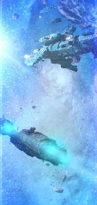 This live phone wallpaper features an epic space battle with spaceships flying through a star-filled galaxy