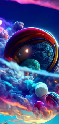 This live wallpaper features a stunning digital art piece of glowing planets in the sky, with vibrant colors and unique patterns
