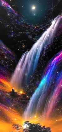 Looking for a mesmerizing live phone wallpaper that features a stunning waterfall set against a backdrop of a full moon and vibrant galaxies? Look no further! This amoled wallpaper boasts a mesmerizing psychedelic design that shimmers with colorful refracted sparkles as you swipe through your home screen