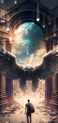This live wallpaper is a captivating digital artwork depicting a man with symmetrical eagle wings standing in front of a doorway, with the gates of heaven in the background