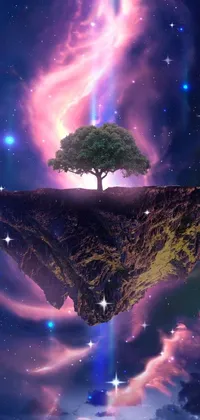 This dynamic live wallpaper for phone features a stunning tree atop a floating island set against a digital art backdrop