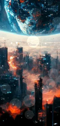 This live wallpaper features a breathtaking futuristic city with a planet background in cyberpunk style