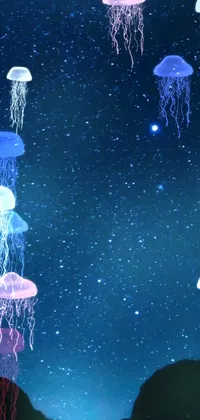This live wallpaper for phones depicts a group of jellyfish gliding gracefully on water's surface