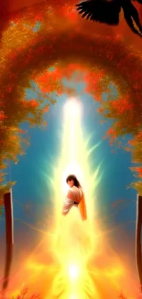 This live wallpaper for your phone features a majestic woman standing in a flowery doorway surrounded by volumetric god rays