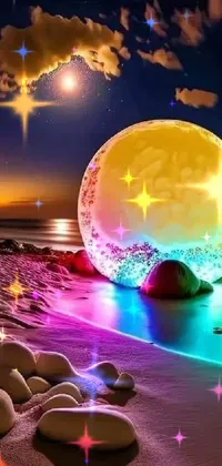 The phone live wallpaper features a large moon on a sandy beach with interactive art techniques, colorful light effects, a range of emoticons, and soft outdoor lighting