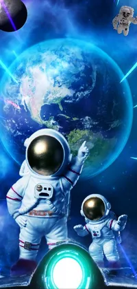 This space-themed live wallpaper for your phone features two lunar-clad astronauts taking a break on top of their spaceship while holding a tiny planet Earth