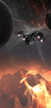 This phone live wallpaper showcases two meticulously designed spaceships soaring through a mesmerizing volcanic backdrop