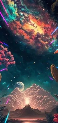 This live phone wallpaper features a stunning concept art piece with exotic flowers, planets, colorful clouds, and vibrant magical lights against a celestial background