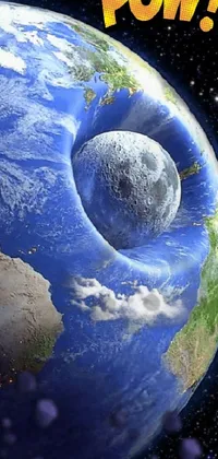 This phone live wallpaper features a surrealistic digital rendering of Earth, with a mesmerizing wormhole and a crashing moon