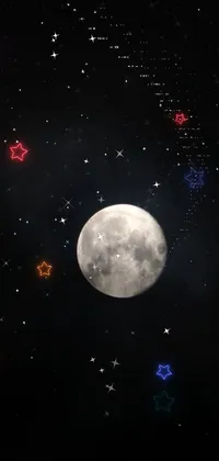 This stunning phone live wallpaper features a mesmerizing and serene scene of a full moon illuminating the night sky filled with countless twinkling stars